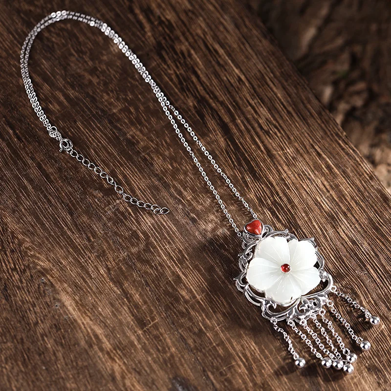 Polaroid S925 Pure Silver tassel Natural Hotan Jade Plum Blossom Pendant Retro Baitao Women's Necklace Wholesale | Украшения и