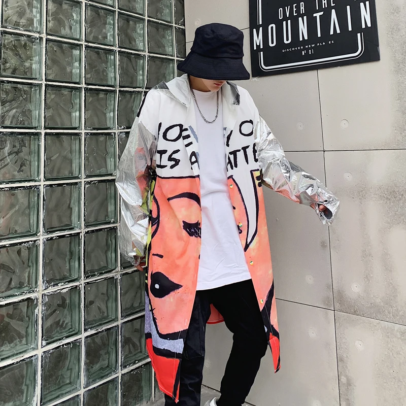 

M-XL!!Summer printing men's long section loose hooded windbreaker street dance hip hop sun protection clothing thin coat