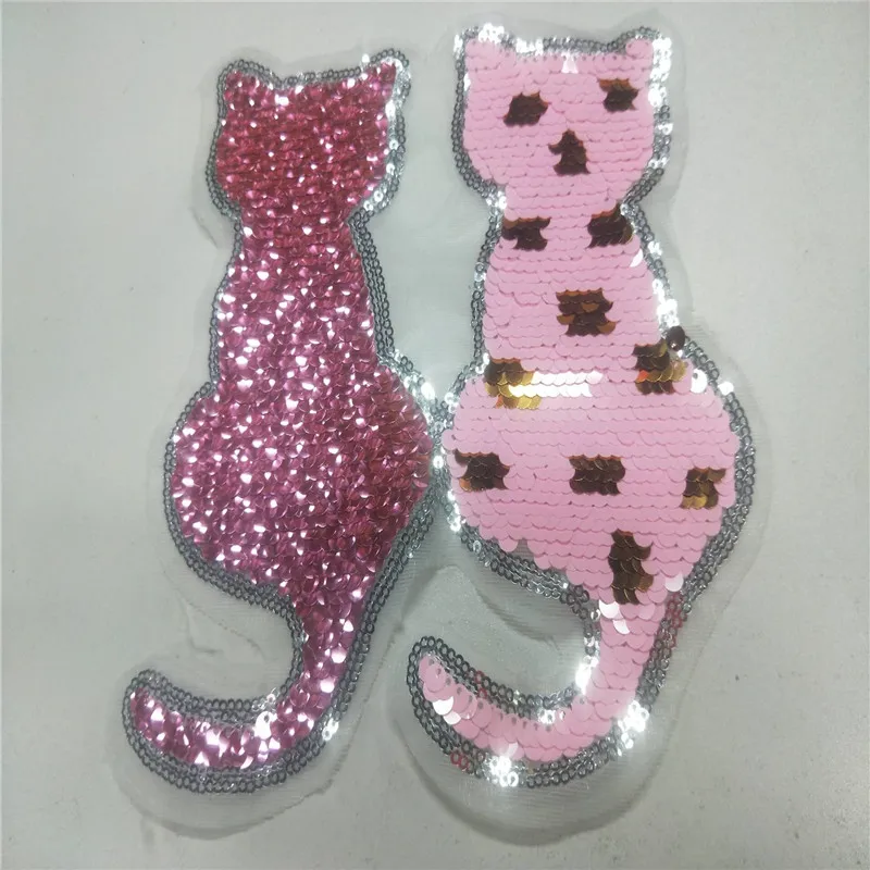 

1PCS Shiny Pink cat Reversible Change color Sequins DIY Patch Applique Sew On Patches for clothes Bag Clothing Coat Jeans Craft