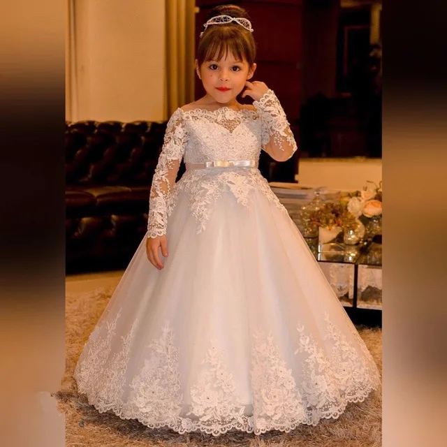 BONJEAN Elegant Princess Flower Girls Dresses for Weddings Lace Long Sleeve Boat Neck First Communion Dress For Party Gwon | Свадьбы и