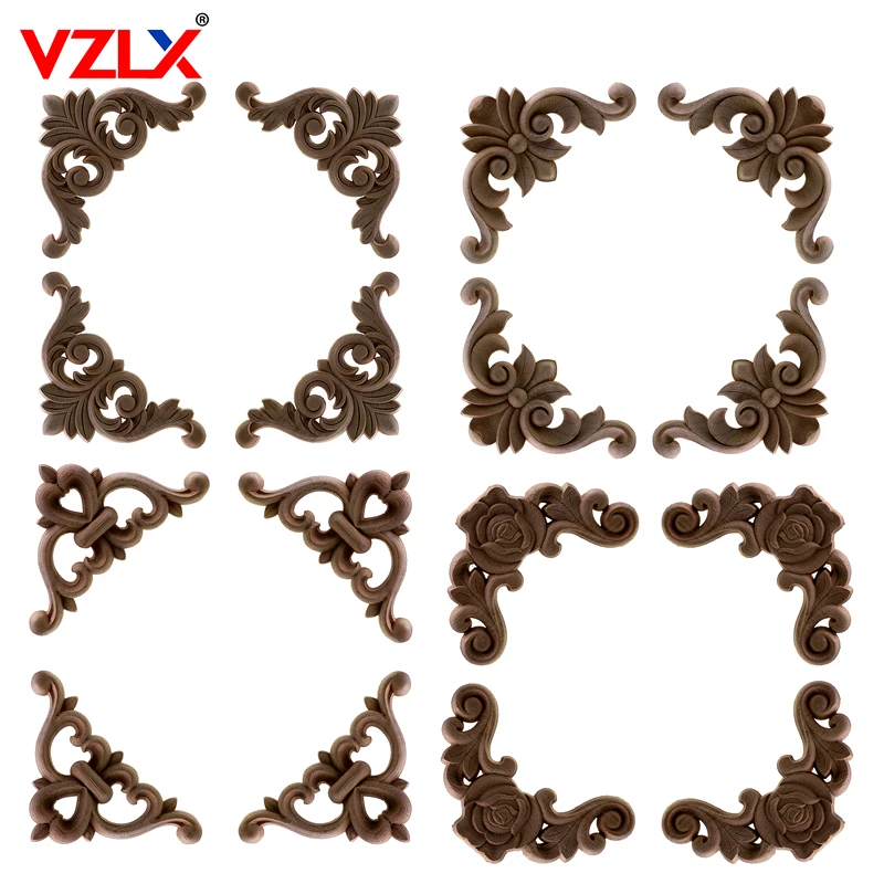

VZLX 4Pcs/lot Wooden Applique Unpainted Wood Carved Corner Onlay Frame for Home Furniture Wall Cabinet Door Decor Crafts Modern