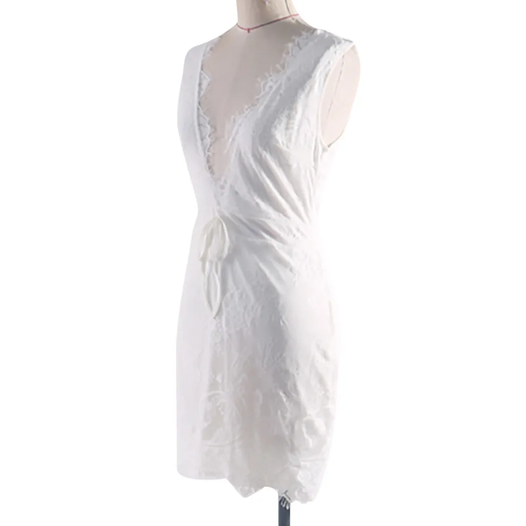 Летнее женское сексуальное платье на бретельках с v образным вырезом ажурное