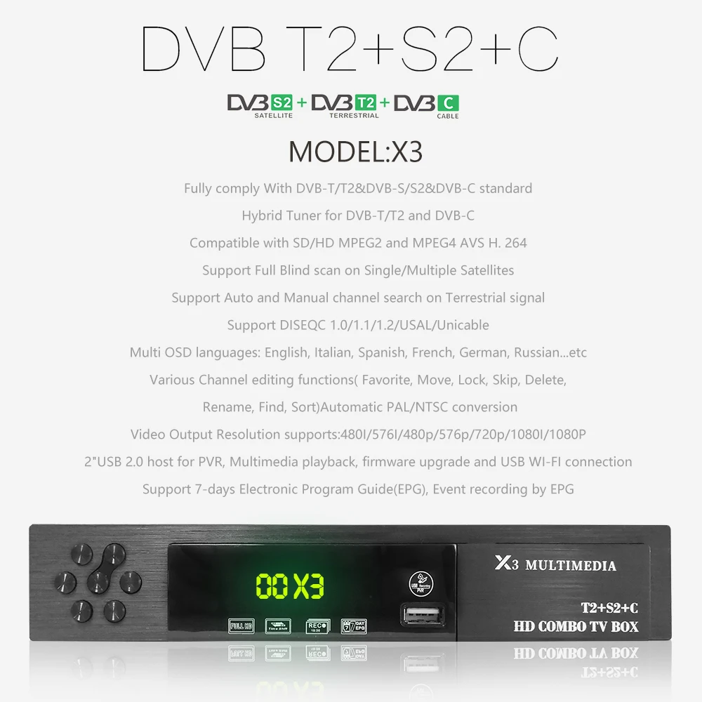 DVB T2 S2 Receptor Combo ТВ тюнер + X3 с wifi спутником поддерживает YouTube Dobly AC3 наземная