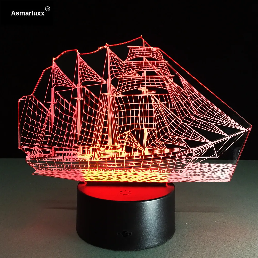 Парусная лодка корабль 3D светильник 7 Цвета изменить иллюзия Лампа для дома кафе