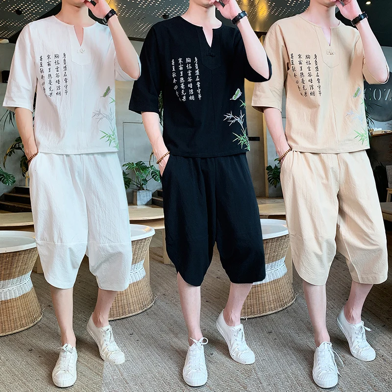 Sinicism Store Мужской комплект повседневный костюм хлопковая льняная футболка