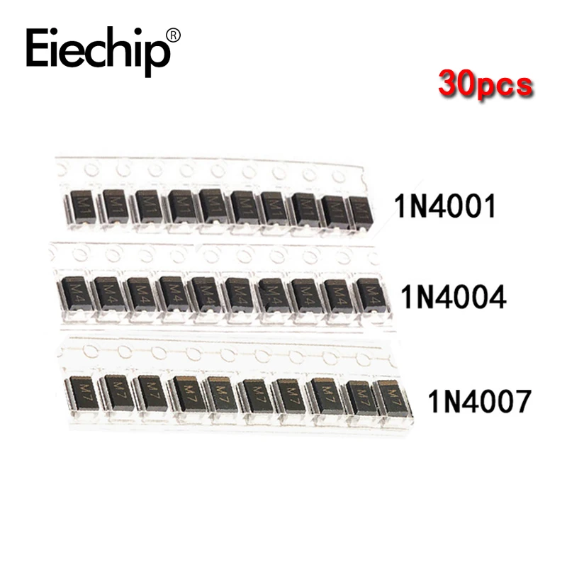 30 шт. 3 значения x 10 SMD 1N4001 M1 1N4004 M4 1N4007 M7 комплект диодов Шоттки|Выпрямители| |