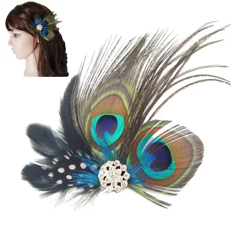 Women Colorful Peacock Feather Headband Crystal Rhinestone Hair Clip hairpin Bridal Wedding Accessory |