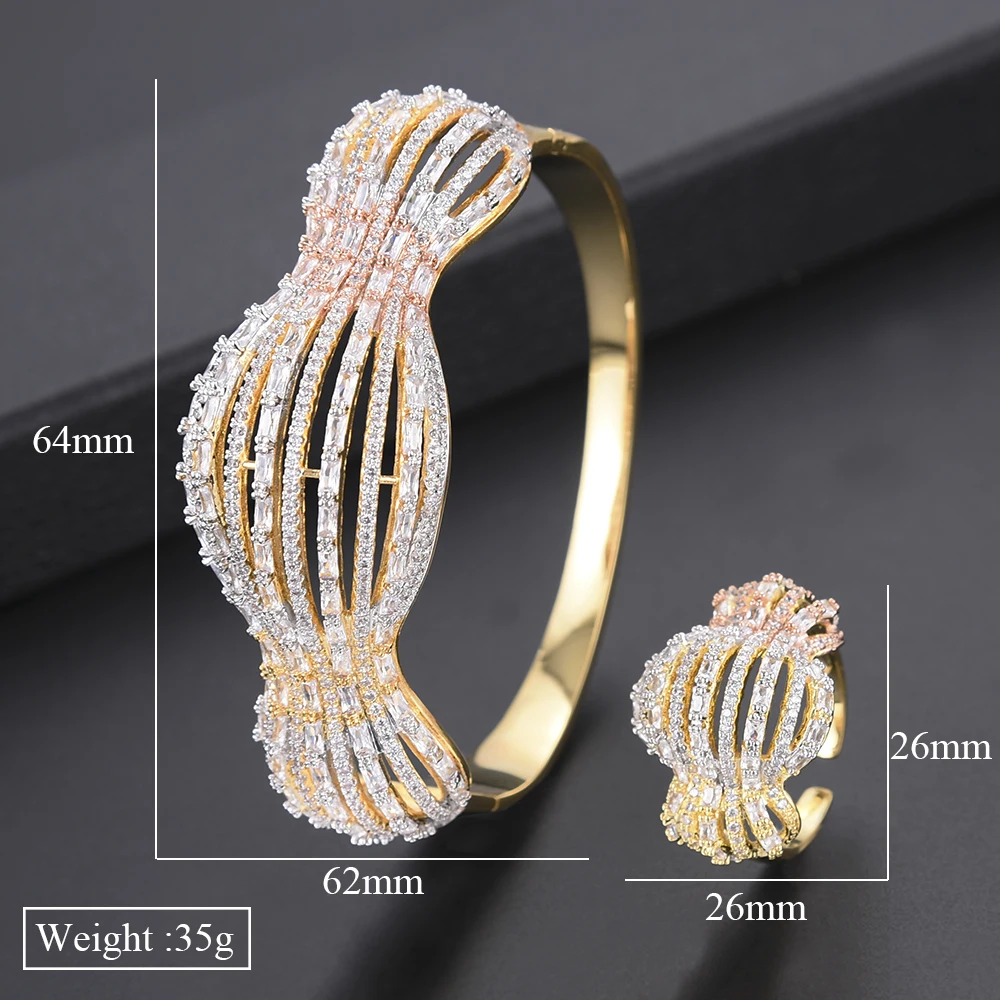 

SisCathy 2PCS Jewelry Sets Luxury Branch CZ Geometric Bridal African Wedding Bangle Bracelets/Ring For Women Jewelry Sets