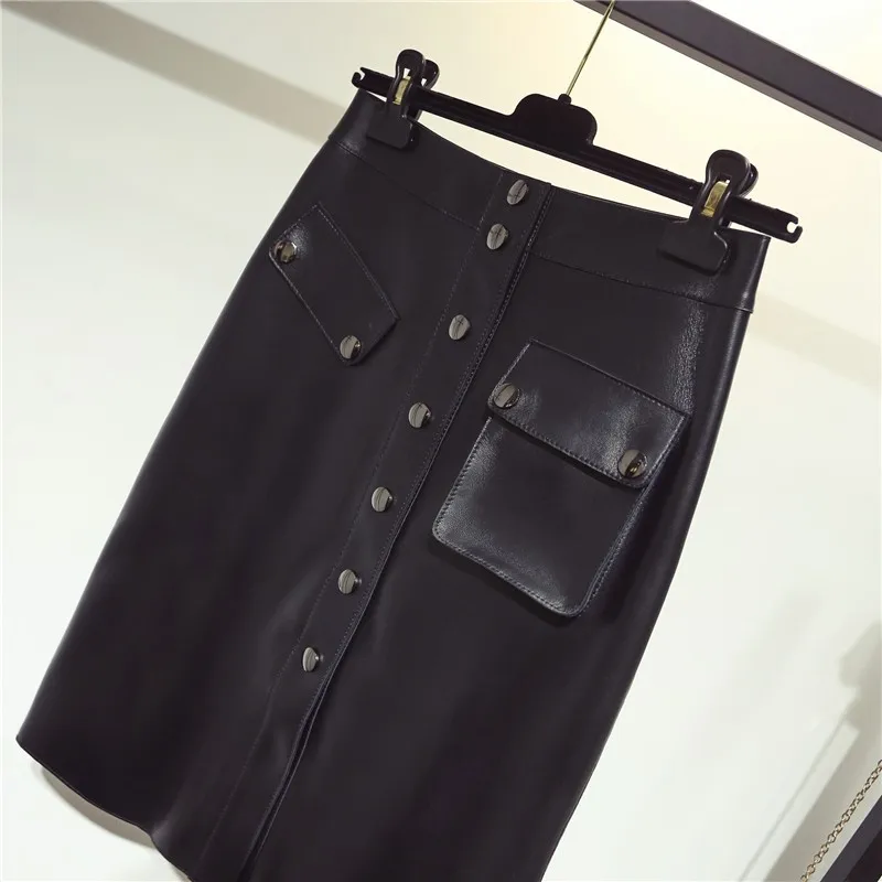 Top Quality Genuine Leather Womens Knee Length Skirts High Waist Single Breasted Pockets Office Ladies Sheepskin A-Line Skirts
