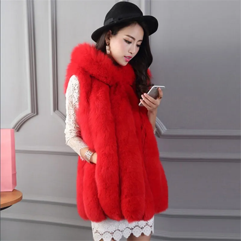 Новинка 2017 зимний женский серый жилет с капюшоном из искусственного лисьего меха