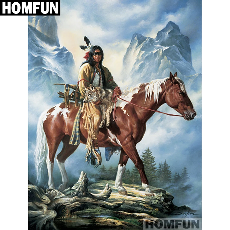 Алмазная 5D Вышивка HOMFUN A01751 полноразмерная/круглая картина индейцы и лошади
