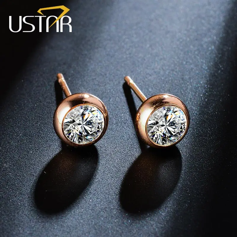 Женские серьги-пусеты USTAR простой фианит ААА розовое золото модные ювелирные