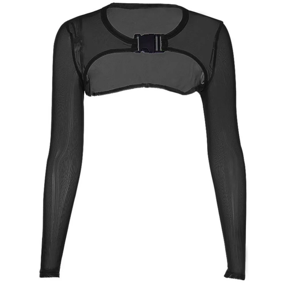 Sexy Transparent Mesh T-Shirt Women Crop Top O Neck Buckle Long Sleeve Half Tops Ultra short Personality hot | Женская одежда