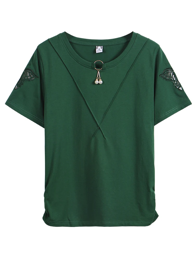 

Short sleeve loose cotton T-shirt jacket Korean version dark green half-sleeve new summer T-shirt of 2021