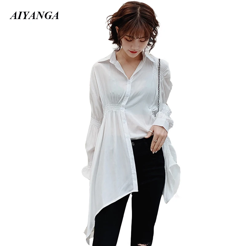 New White Blouses For Women 2019 Spring Shirts Long Sleeve Fashion Medium long Blouse Casual Streewear Tops Women's clothing