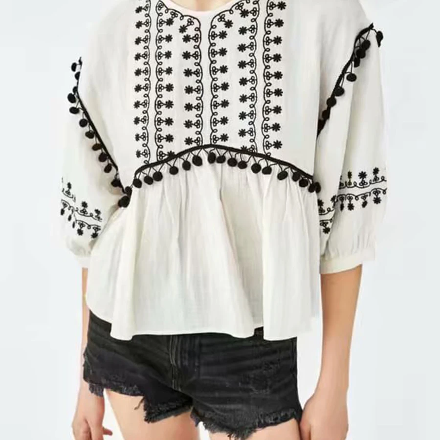 Вышивка Повседневное короткие женские рубашки Blusas Femininas Elegante укороченный топ Для