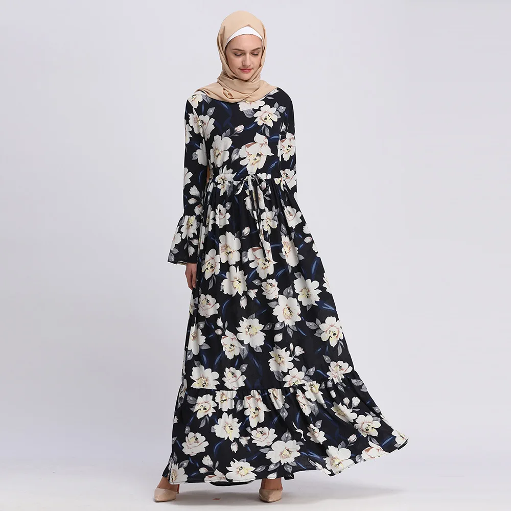

Abayas For Women Islamic Clothing Long Sleeve Flower Print Maxi Muslim Dress Bangladesh Kaftan Dubai Dresses Robe