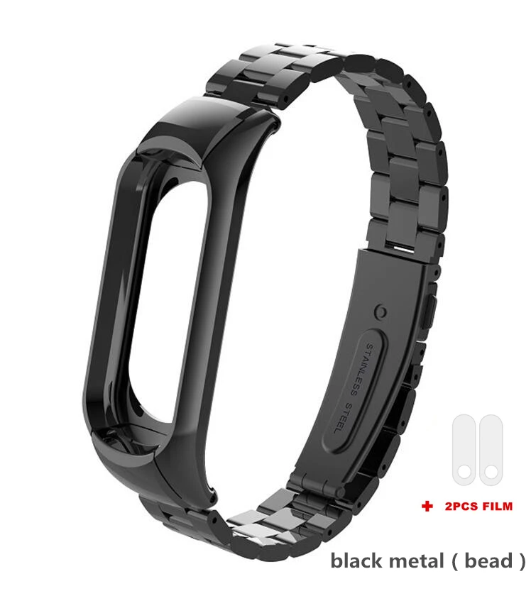 black bead Сменный металлический ремешок mi Band 3/4, браслет из нержавеющей стали, магнитные кожаные ремешки, аксессуары для xiaomi mi band 3/4, браслет - Цвет: black bead