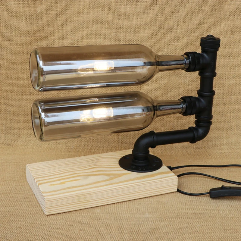 Современная витражная Настольная лампа с 2 стеклянными бутылками деревянная в