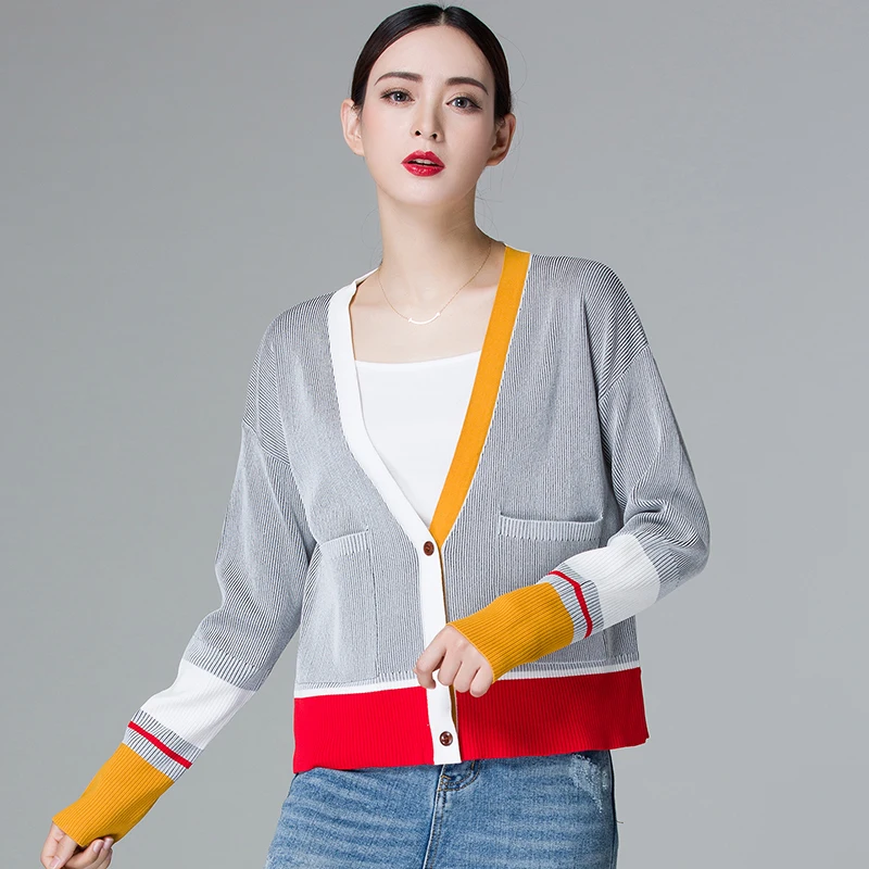 Autumn Winter Women Sweater Contrast Color Striped All-match Jacket Coats Long Sleeve Loose Patchwork Knitting Cardigans C-198 |