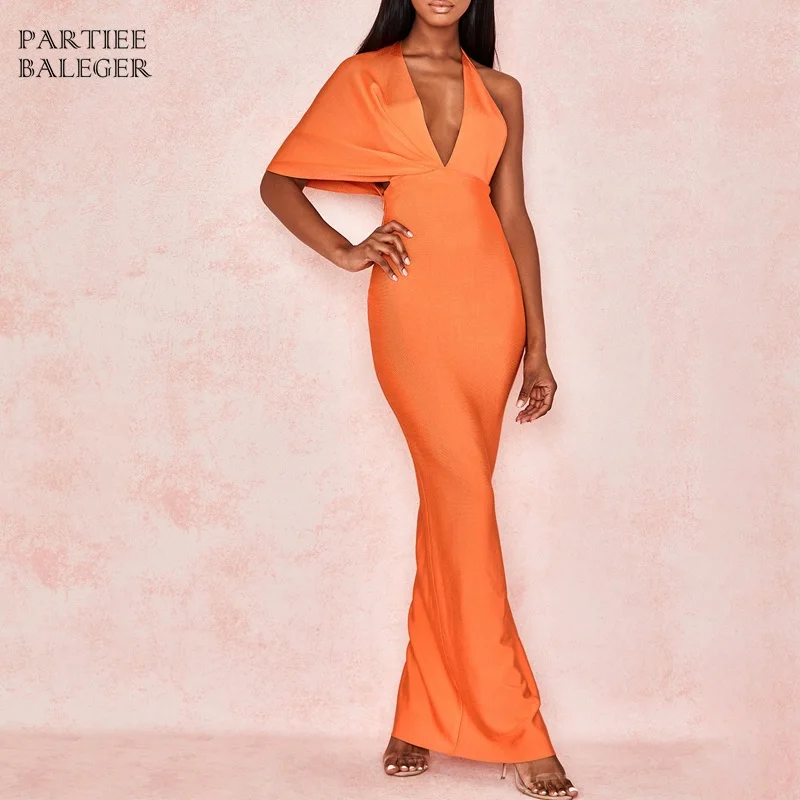 

PB Summer New Chic Elegant Ruffles Embellished Sexy V Neck Backless Sleeveless Celebrity Party Long Bandage Dress