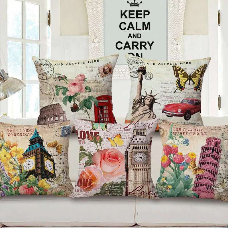 

Decorative Cotton Linen Cushion Cover 45X45Cm Capa de Dlmofada Sofa Bedding Throw Pillow Case Vintage Building Painting Pattern