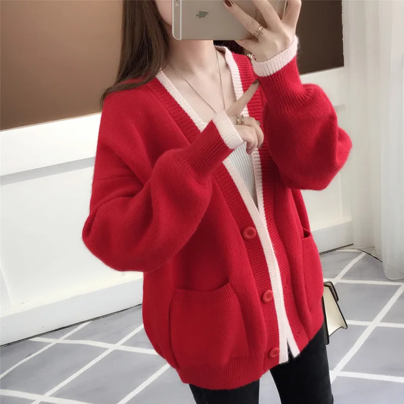 Женский однобортный вязаный кардиган повседневный Свободный с длинным рукавом