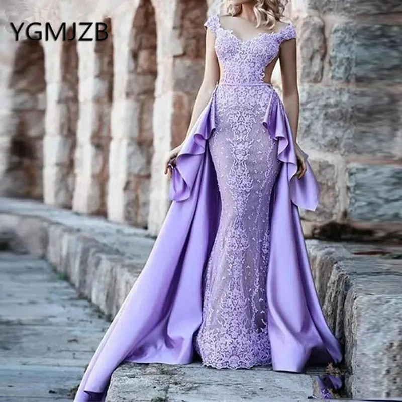 Женское вечернее платье-русалка длинное кружевное платье со съемным шлейфом и