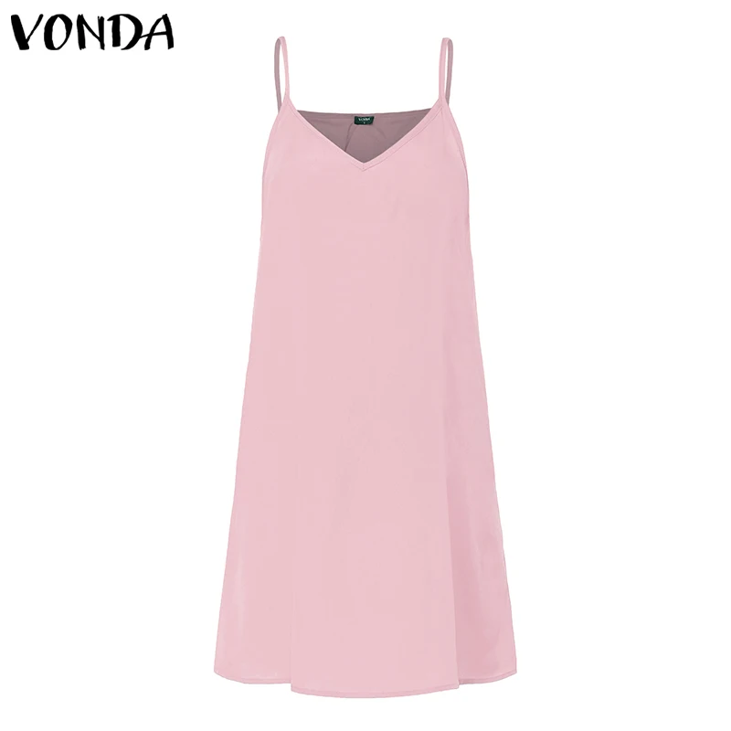 VONDA, короткие платья, 7 цветов, сексуальное женское платье-майка с тонкими бретельками, однотонное повседневное нижнее белье, платья размера плюс 5XL
