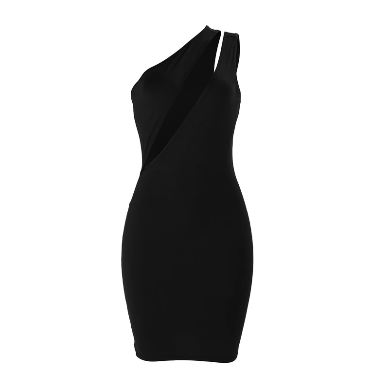 Adogirl Solid Hollow Out One Shoulder Bodycon Dress Women Sexy Sleeveless Sheath Mini Evening Party Dress Night Club Wear Outfit