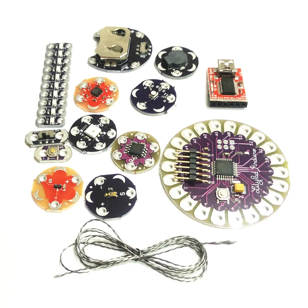 Lilypad Arduino комплект, Sewable комплект электроники(ATmega328P, светодиоды, датчик температуры, FT232RL, зуммер, переключатель