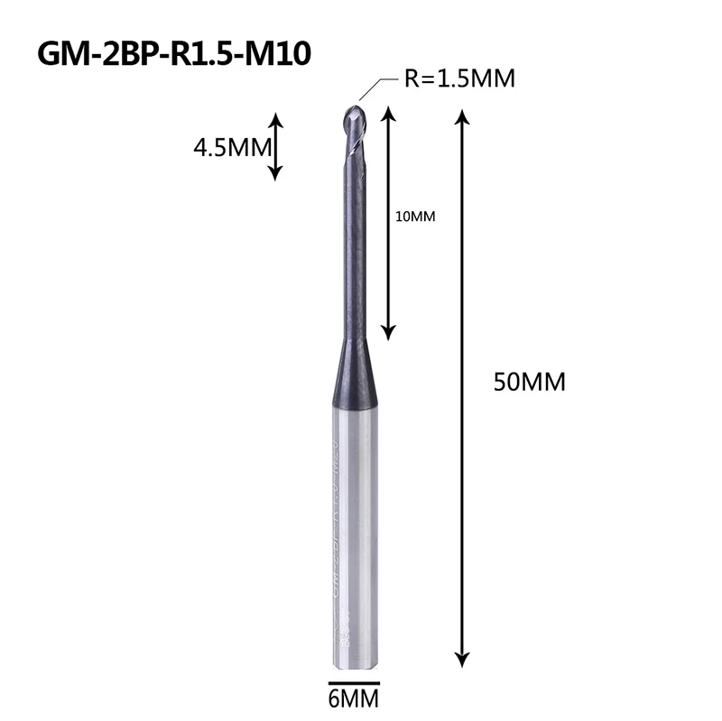 GM-2BP R1.0-R2.5, Вольфрамовая сталь, 2 флейты, круглый нос, длинная шея, короткая режущая кромка, с покрытием, Концевая фреза с ЧПУ, фреза, режущие инструменты - Длина режущей кромки: GM-2BP-R1.5-M10