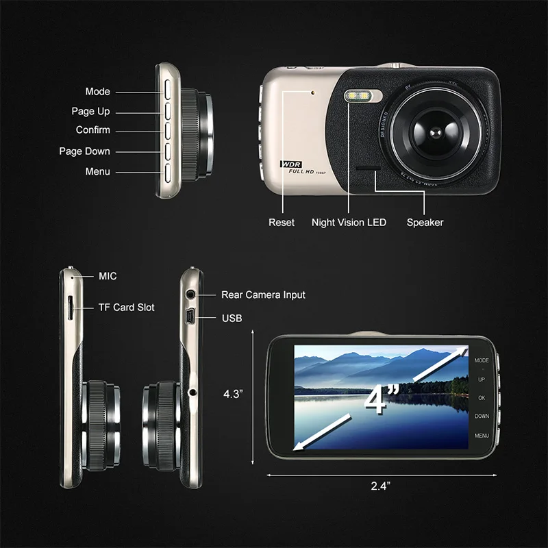 QUIDUX Dash cam Автомобильный видеорегистратор с двойным объективом 4 дюйма Full HD 1080P