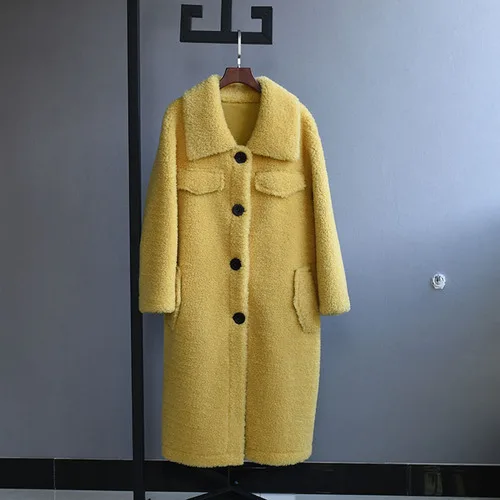 Цвет: желтый OFTBUY зимняя женская куртка из натурального меха, пальто для стрижки овец, женское длинное пальто из овечьей шерсти, шерстяная верхняя одежда, уличная одежда - Цвет: Цвет: желтый