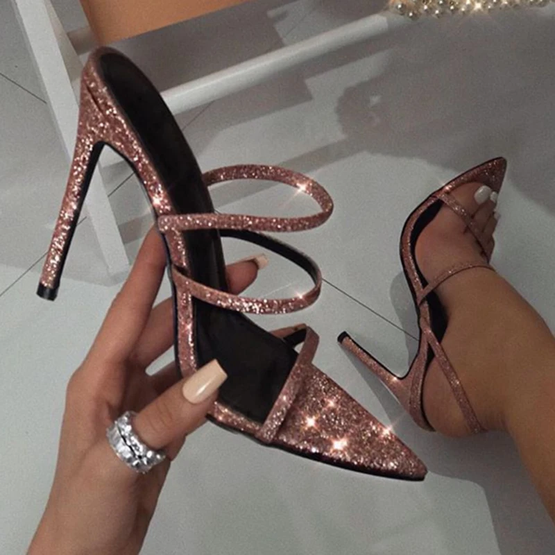 2020 Women Summer 11.5cm High Heels Luxury Sandals Lady Glitter Pumps Female Pink Sequins Wedding Bridal Bling Shoes YFD-123 | Обувь