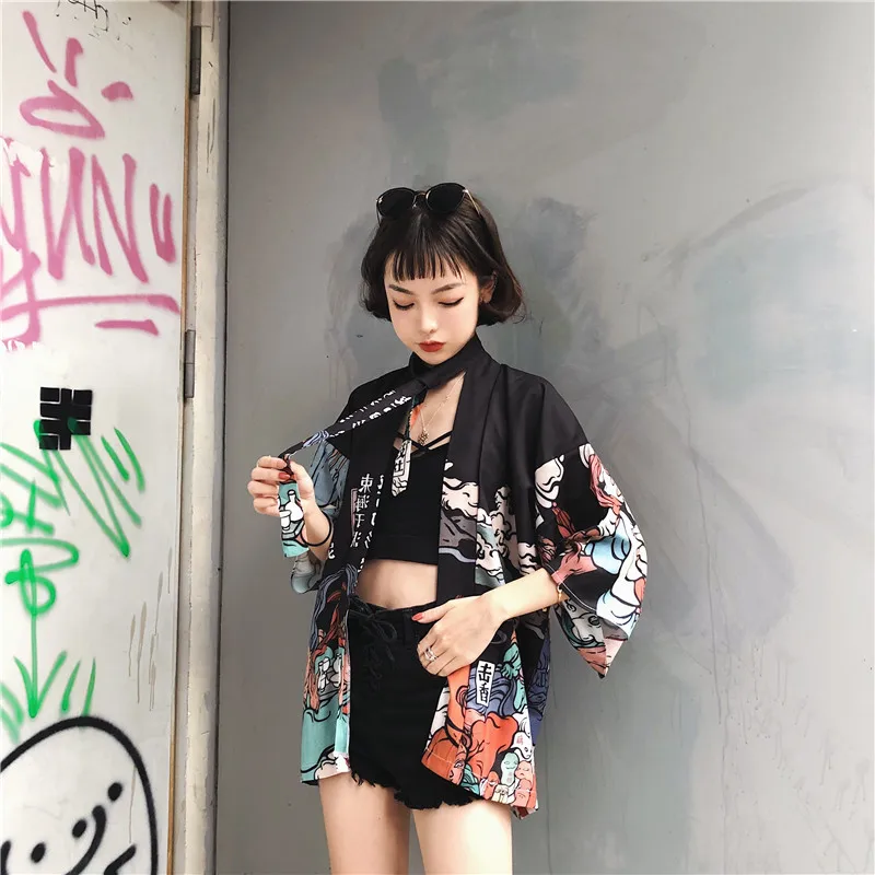 Женские топы лето Ulzzang Harajuku Kawaii Топ рубашка Японская уличная одежда блузка женская мода кимоно кардиган ZZ004