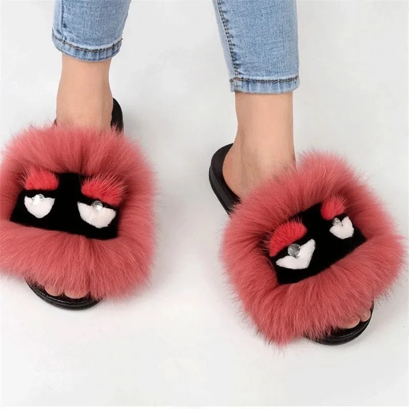 Модные женские меховые тапочки Шлепанцы из натурального Лисьего меха мягкие