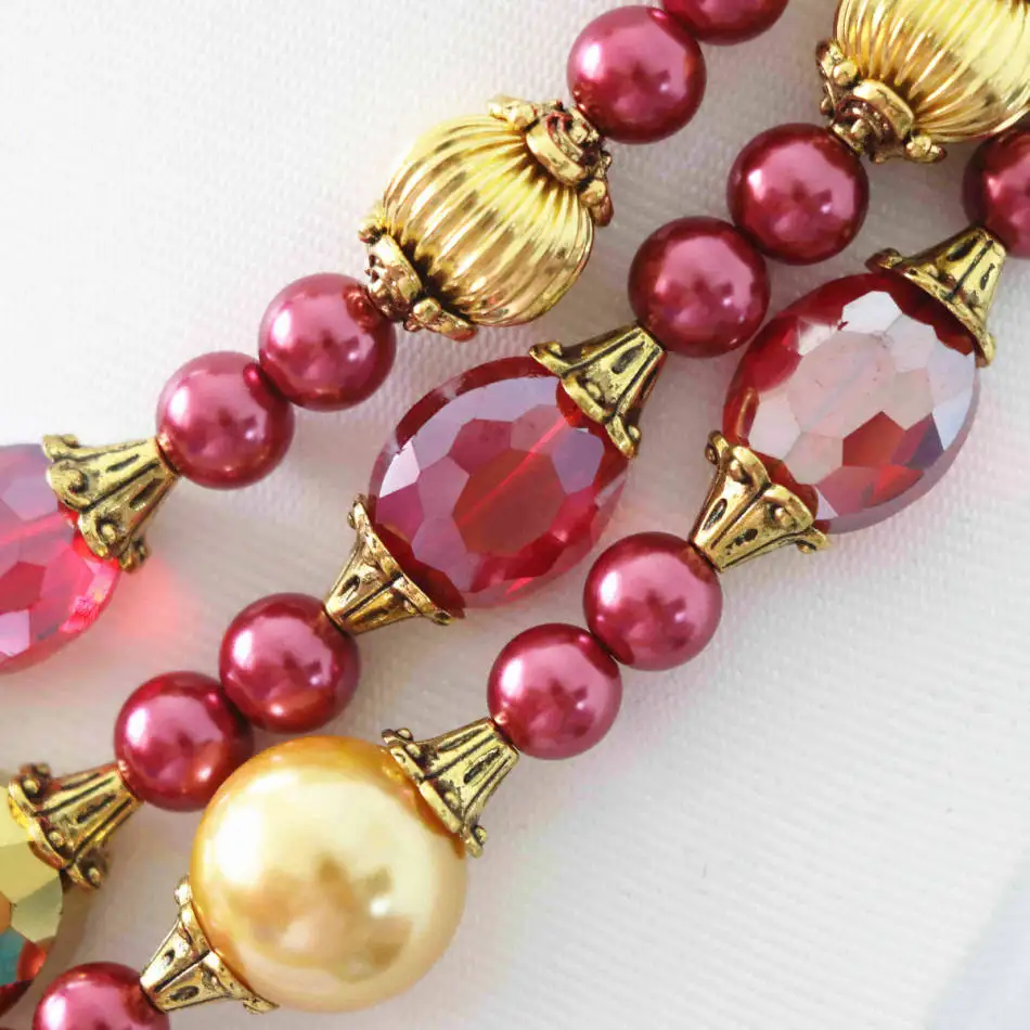 Charms rose red gold-color shell simulated-pearl round beads oval crystal newly earrings 3rows necklace jewelry set 18-22&quotB1001 |