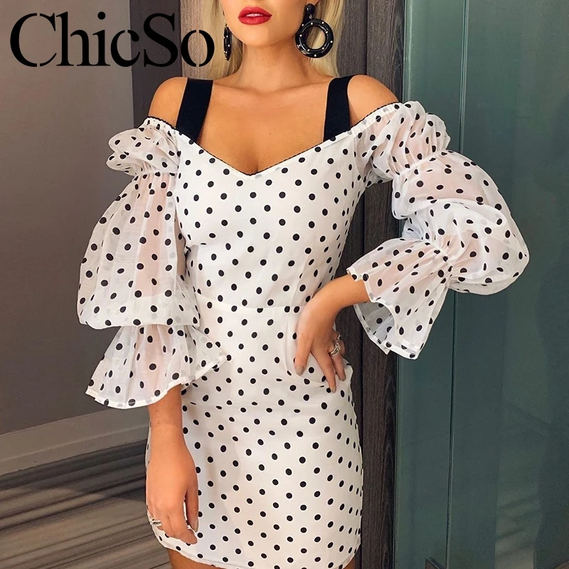 Missychilli/Белое платье в горошек с пышными рукавами женское элегантное облегающее