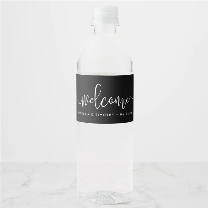 

Customized Personalized Black and White Wedding Welcome Water Bottle Label