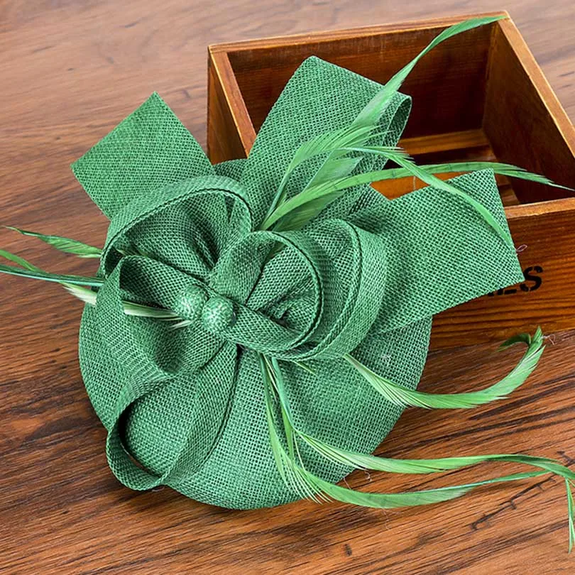 Haimeikang, женские деловые шляпы, шляпки, pillbox, шапки, Mariage, темно-синие, имитация Sinamay, женские, элегантные, перья, вуалетки, повязка на голову - Цвет: Зеленый