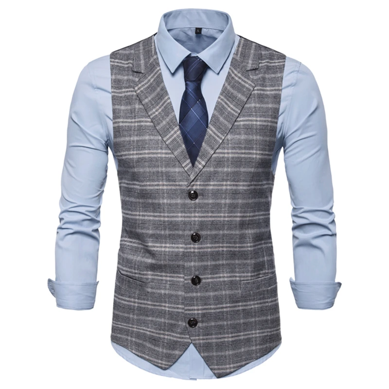 

Mens Sleeveless Suit Vest 2019 New Men's Lounge Suit Collar Plaid British Style Single-breasted Waistcoat Men Slim