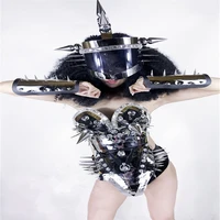 ks59 ballroom dance singer stage wears armor outfits silver mirror women robot suit rivet costumes dj headpiece bar wears show
