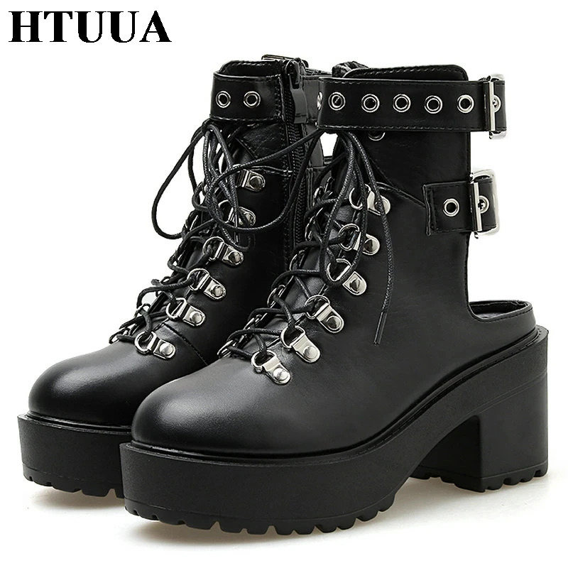 HTUUA/ботильоны на высоком каблуке в стиле панк с петлей пятке Харадзюку женские