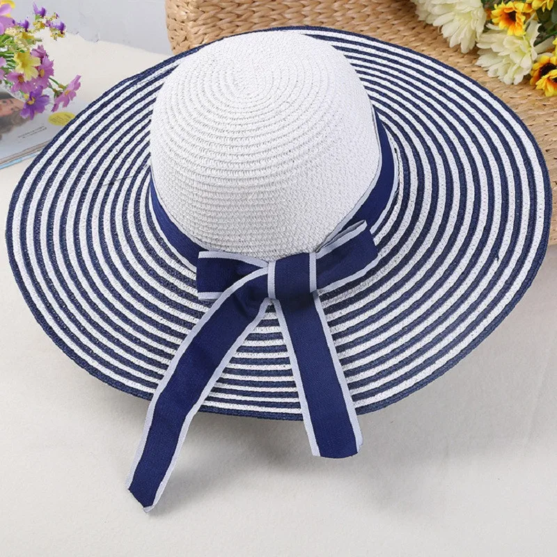 Шляпа женская Соломенная Складная с широкими полосками модная пляжная Панама от