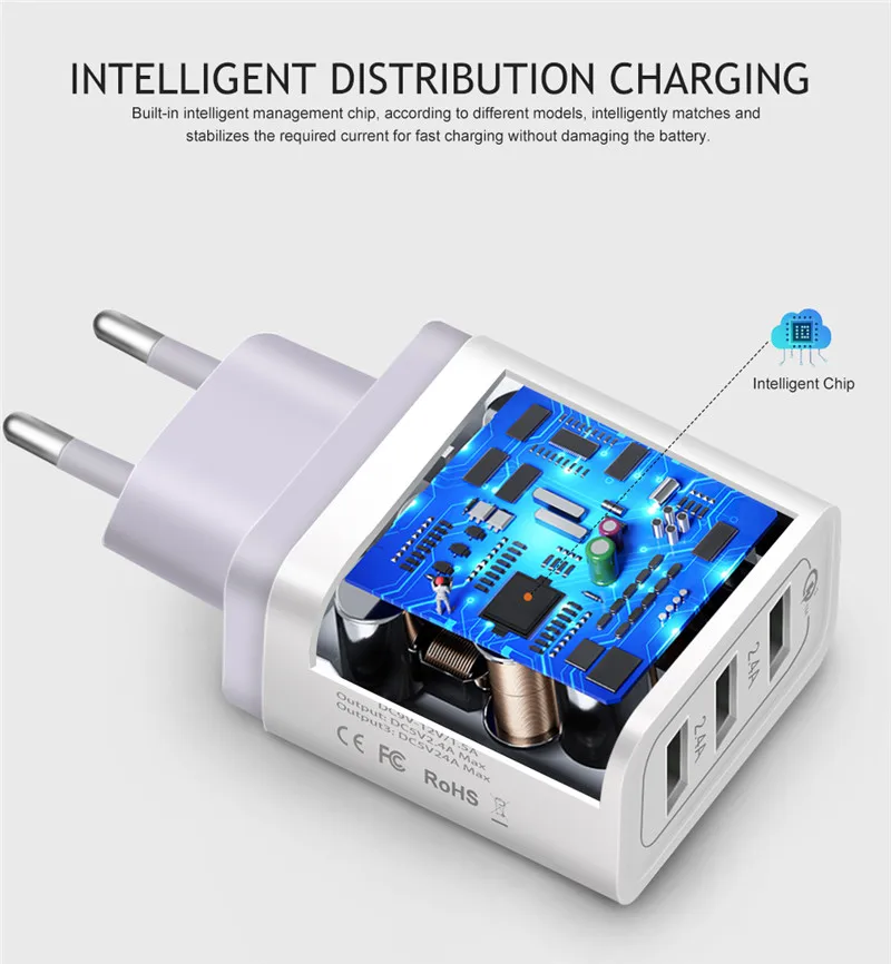 Быстрое зарядное устройство QC 3,0 USB зарядное устройство EU/US Быстрая зарядка мульти разъем 3 порта 3A смарт-зарядное устройство для мобильного телефона для samsung S10 Xiaomi Mi9