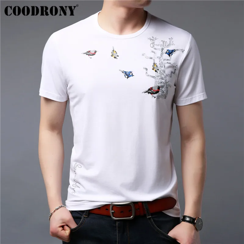 Белый COODRONY, Мужская футболка, лето, Новые Топы, уличная одежда, повседневная футболка с коротким рукавом, Мужская футболка с рисунком птиц и круглым вырезом, Homme S95109 - Цвет: Белый