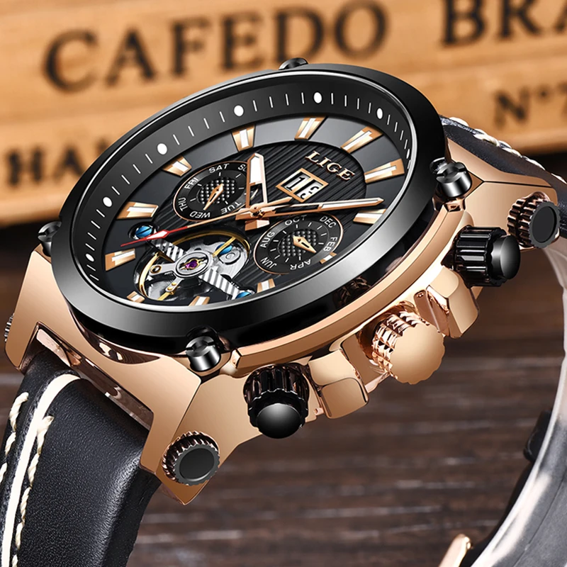 LIGE Роскошные скелетоны Tourbillon спортивные механические часы для мужчин
