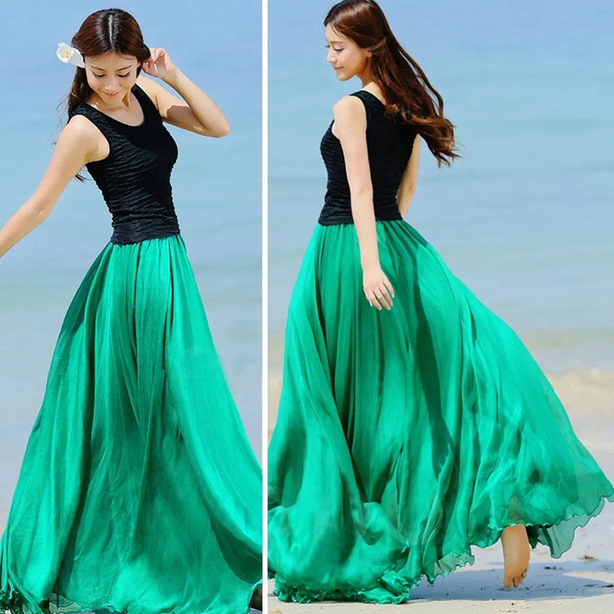 

2019 Fashion Women Boho Chiffon Long Maxi Skirt Women Lady Solid High Waist Casual Skirt