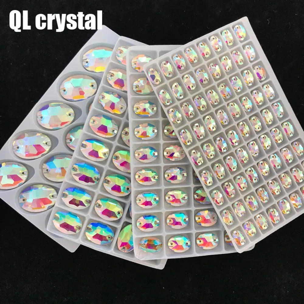 QL Кристалл Овальный пришить стразы ясно, Crystal AB Flatback 2 круглых отверстия для DIY одежды сумки обувь аксессуары